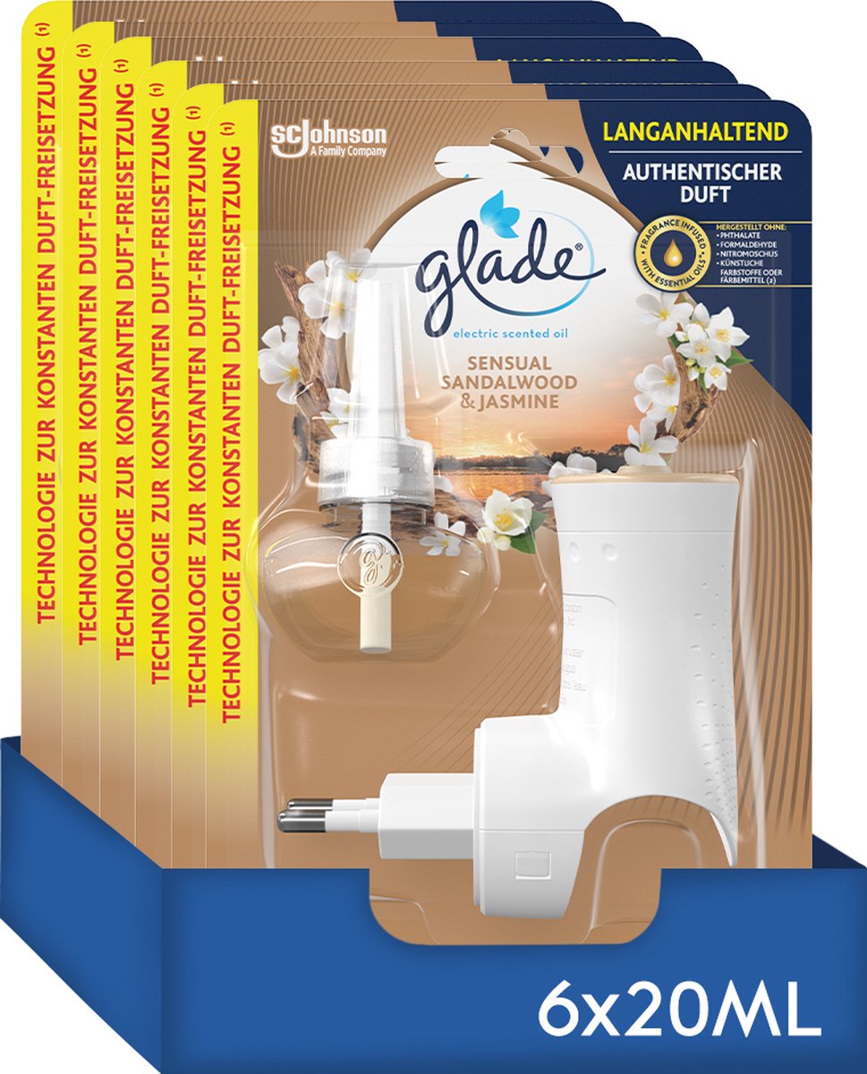 Glade Electric Scented Oil - 1 Houder + 1 navulling Sensual Sandalwood & Jasmine - Elektrische Luchtverfrisser - 6 x 20ML