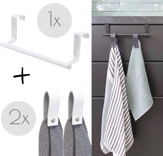 Handdoekstang over keukenkastdeur - 23cm Wit + 2x leren magneet-lus - Voor 2 handdoekjes - inclusief nano plakstrips / handdoekrek keukenkast - deurhaak