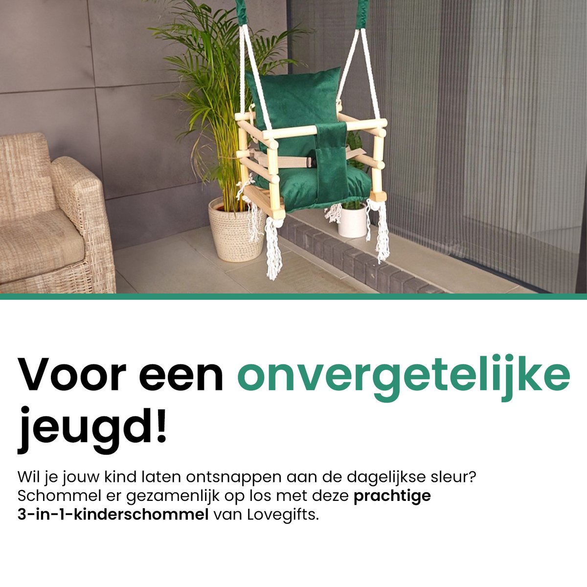 Luxe houten 3 in 1 groene meegroei baby schommel en Kinder schommel – Baby swing – Schommel die meegroeit met je kindje - Schommelstoel - Schommels - Handgemaakt — afbeelding 2