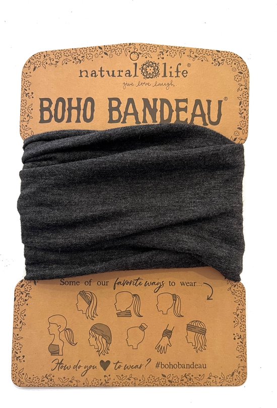 grijze Boho Bandeau, all in one sport haarband, Natural Life, grijs, brede hoofdband, kaalheid