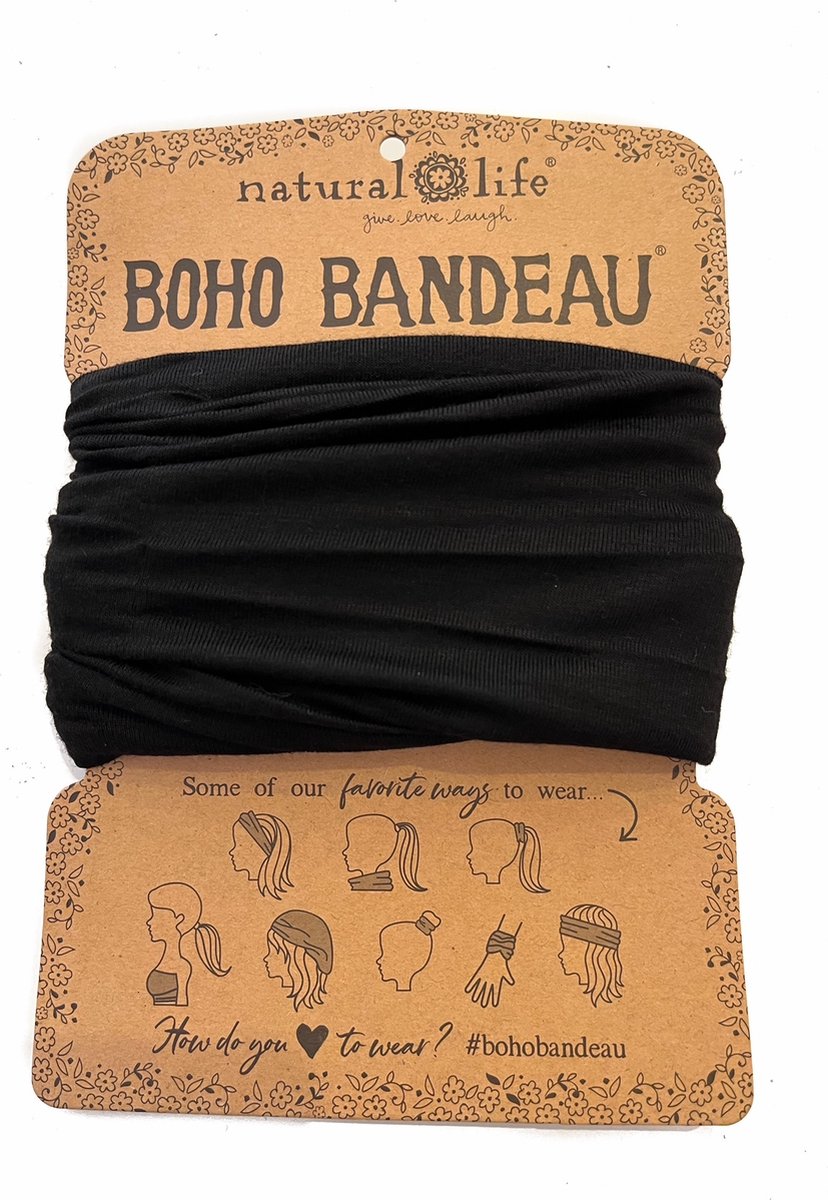 Zwarte hoofdband, Boho Bandeau, Natural Life, brede haarband, sportband zwart