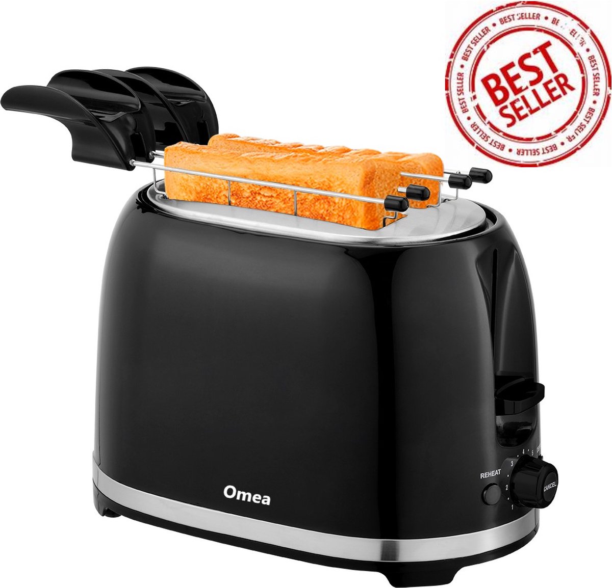 Omea Broodrooster Zwart - Broodrooster met Tostiklemmen - Retro - Extra Brede Sleuven - 7 Warmteniveaus - 850W