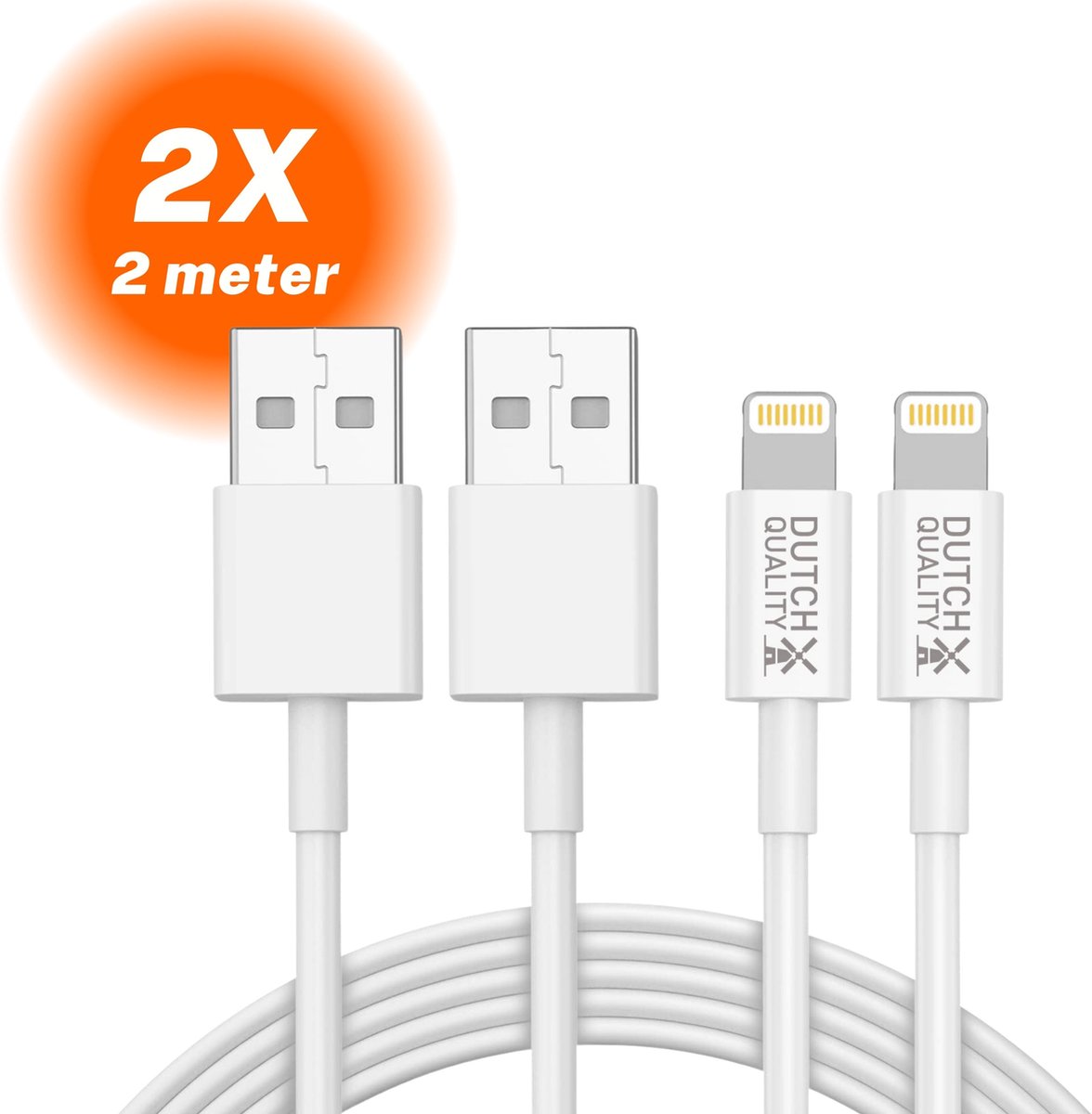Dutch Quality® - 2x oplader kabel USB-A 2 Meter geschikt voor Apple iPhone 6/7/8/X/XS/XR/11/12/13/14/SE/Mini/Pro/Max - Geschikt voor lightning naar USB A - Wit – Premium Oplaadset (2-pack) - Dutch Quality