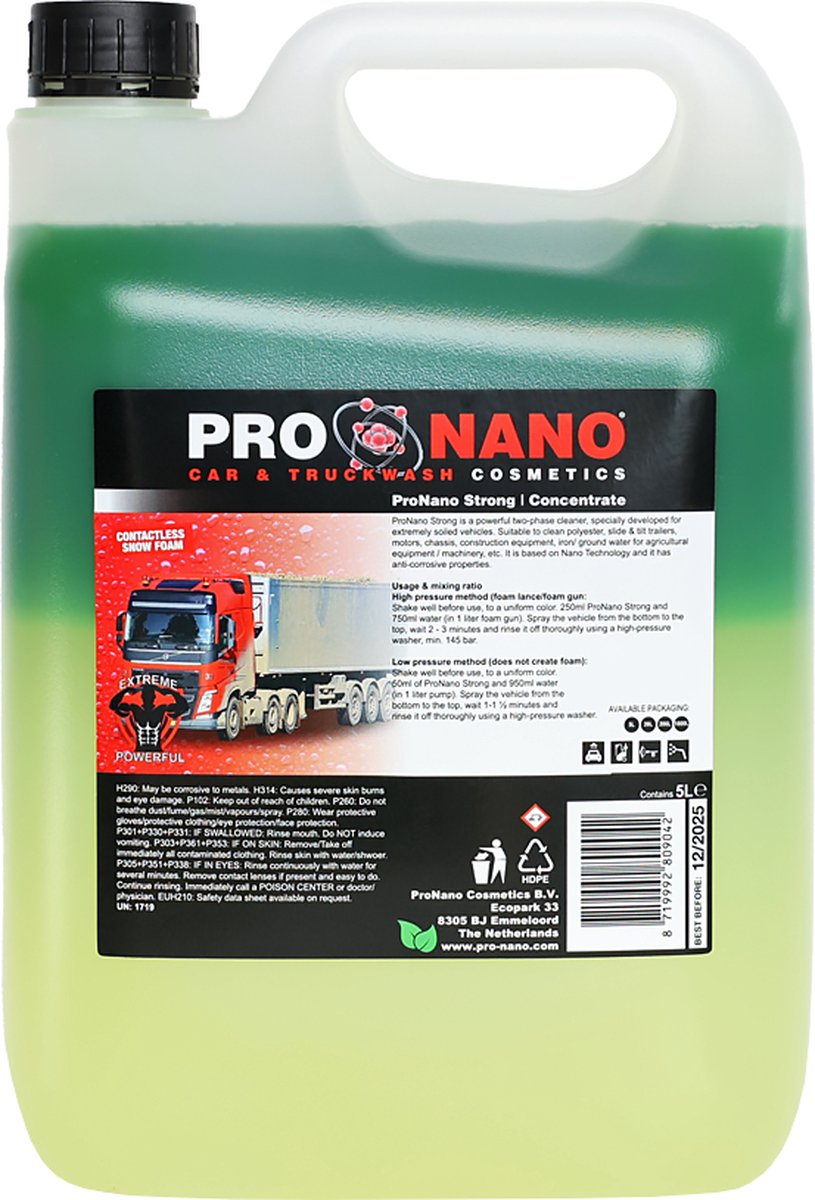 ProNano | Pro Nano Strong 5L | Concentraat | CONTACTLOOS WASSEN! | Snow Foam | Geschikt voor het reinigen van polyester, schuif- en kanteltrailers, motoren, chassis, bouwmachines, ijzer / grondwater voor landbouwmachines / machines, etc.