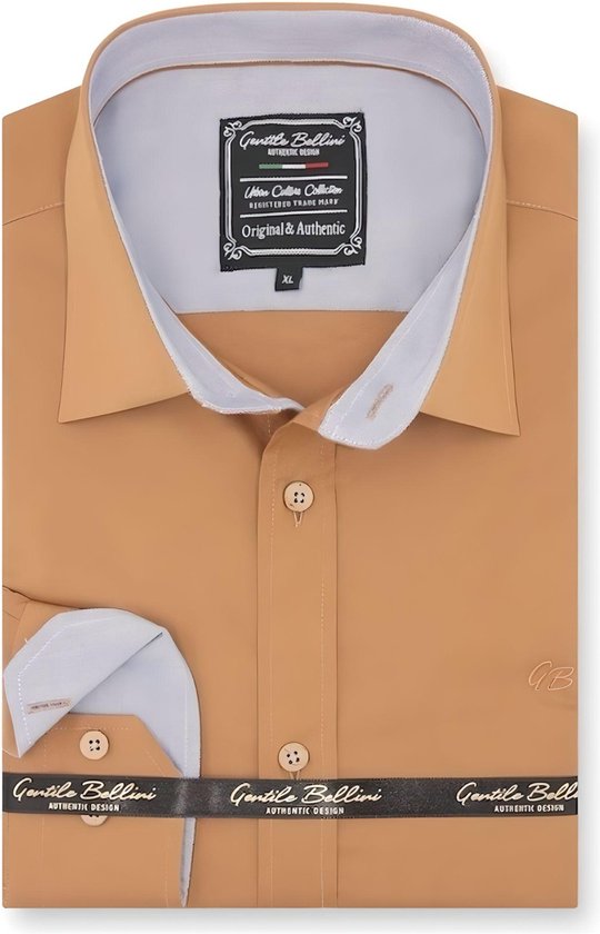 Heren Overhemd - Slim Fit - Chambray Contrastbeleg - Licht Bruin - Maat L