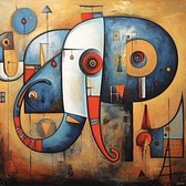 JJ-Art (Glas) 80x80 | Olifant in modern surrealisme, kleurrijk, felle kleuren, kunst | dier, portret, Afrika, abstract, vierkant, blauw, bruin, rood, grijs, zwart | Foto-schilderij-glasschilderij-acrylglas-acrylaat-wanddecoratie