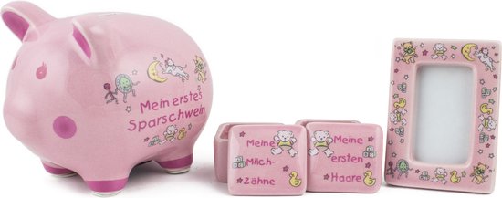 BRUBAKER Set 'Mijn eerste spaarvarkent' - roze voor eerste spaargeld - eerste melktanden - haar en met fotolijst — afbeelding 2
