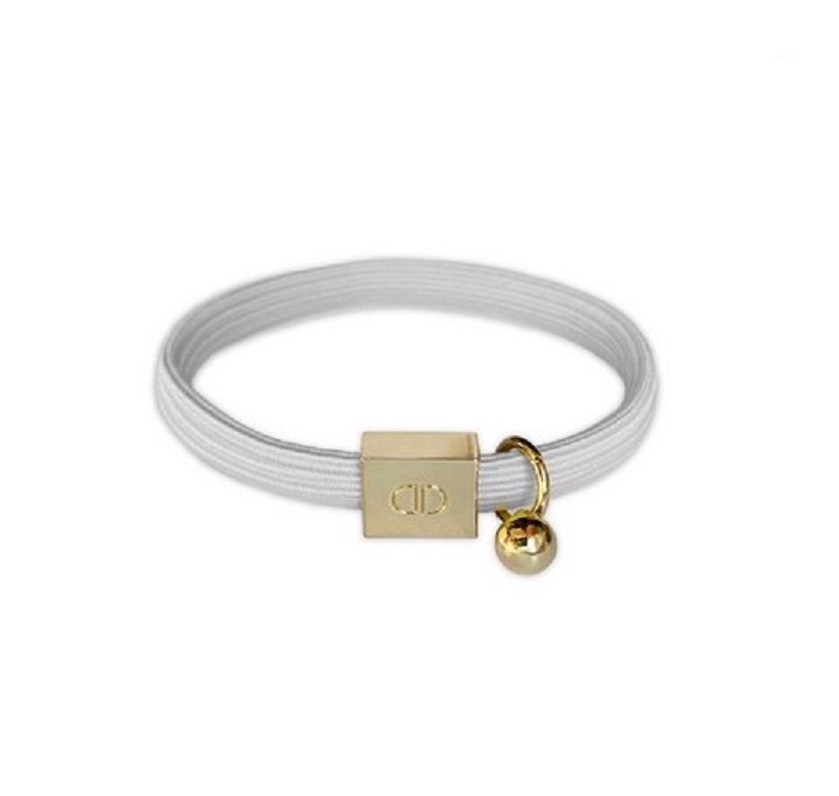 Elastische armband - heel lichtgrijs - gouden details - niet opgerekt 5,5 cm doorsnede - dikte 0,5 cm