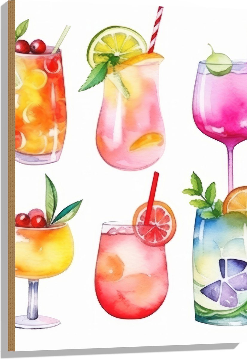 Hout - Waterverf Tekening van Verschillende Kleuren Cocktails op Witte Achtergrond - 60x90 cm - 9 mm dik - Foto op Hout (Met Ophangsysteem)