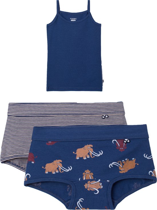 Woody ondergoed set meisjes - mammoet - blauw - 1 hemd en 2 boxers - maat 116