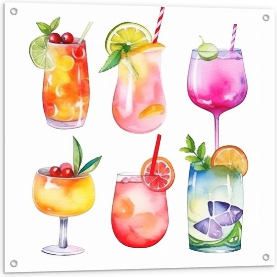 Tuinposter – Waterverf Tekening van Verschillende Kleuren Cocktails op Witte Achtergrond - 80x80 cm Foto op Tuinposter (wanddecoratie voor buiten en binnen)