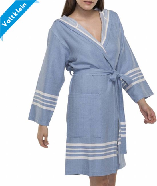 Hamam Badjas Sun Air Blue - S - korte sauna badjas met capuchon - ochtendjas - duster - dunne badjas - unisex - twinning