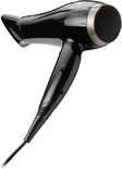 Zwarte Lafe haardroger, 2200W, met goudkleurige rand rond de motor.