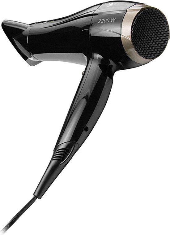 Zwarte Lafe haardroger, 2200W, met goudkleurige rand rond de motor.