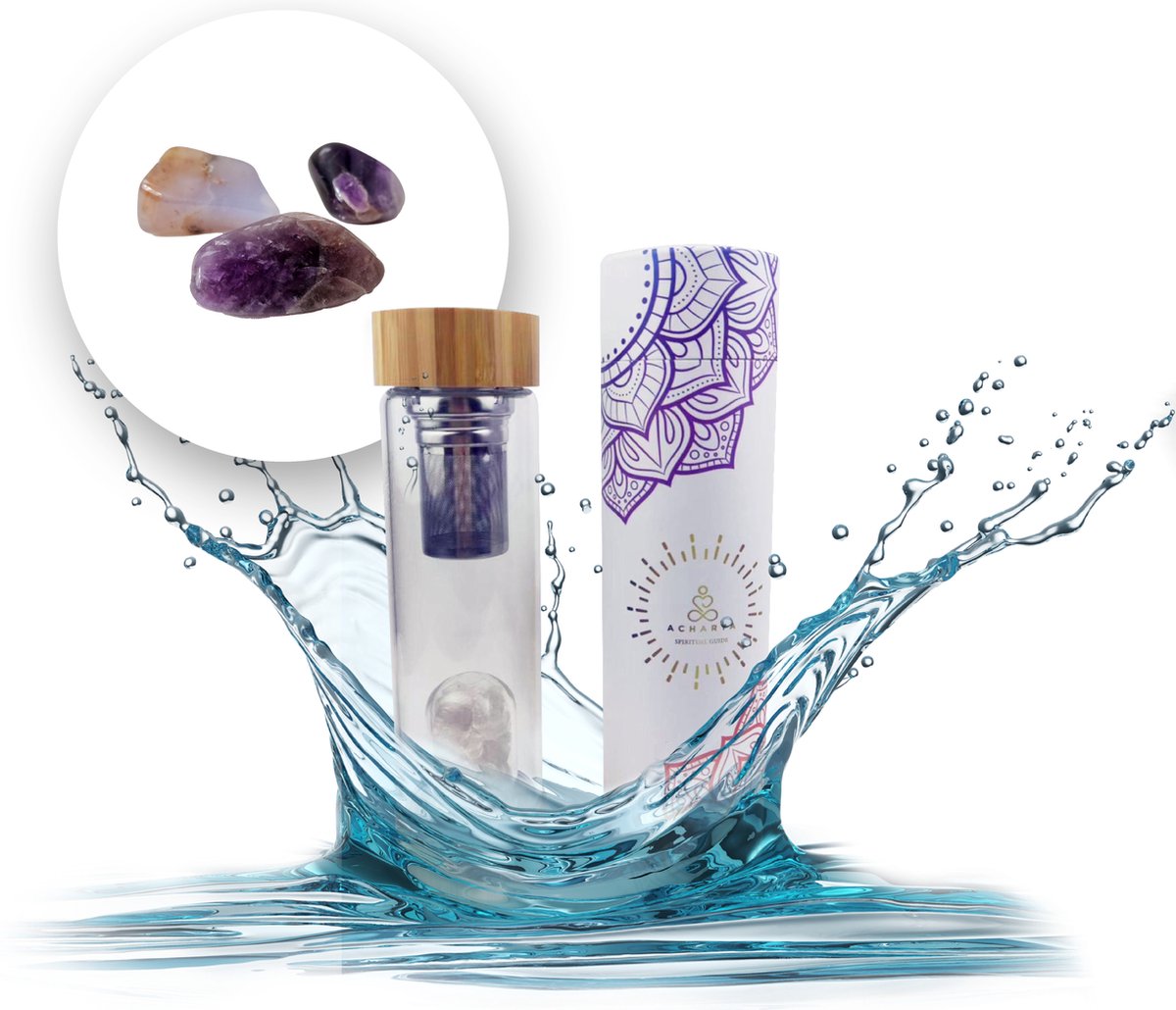 Acharya - Duurzame Waterfles met Kristal - Amethist - Premium Bamboe - Verrijkt en verzacht water - Inclusief thee/fruit infuser - Gratis Amethist ketting - Edelstenen - 550ml - Waterfles - Drinkfles