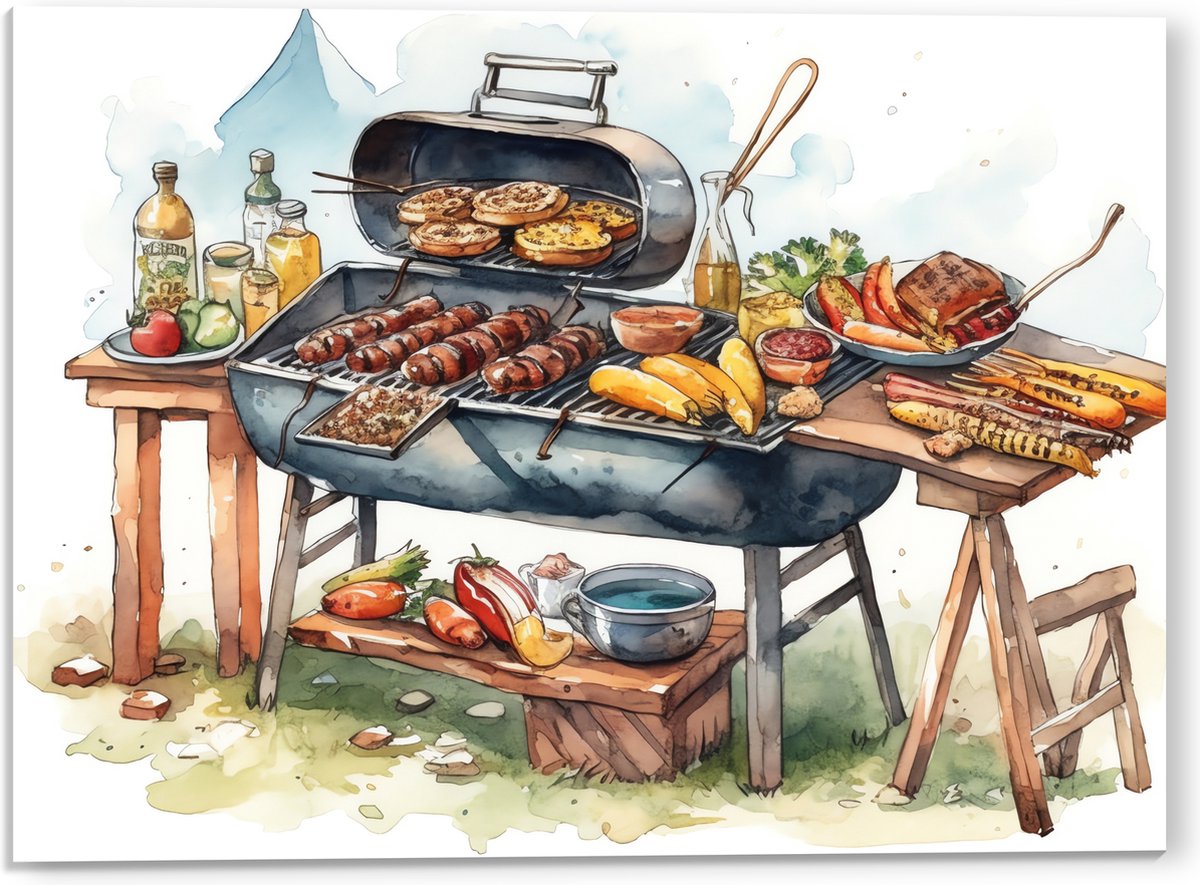 Acrylglas - Tekening met Barbecue met Eten - 40x30 cm Foto op Acrylglas (Wanddecoratie op 