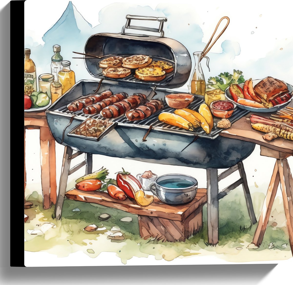 Canvas - Tekening met Barbecue met Eten - 40x40 cm Foto op Canvas Schilderij (Wanddecorati