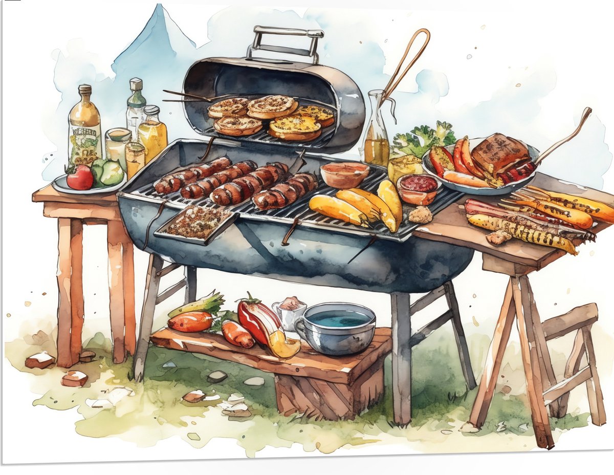 PVC Schuimplaat - Tekening met Barbecue met Eten - 100x75 cm Foto op PVC Schuimplaat (Met
