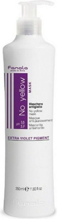 Witte fles Fanola No Yellow Mask met paarse verticale band, pompdispenser en tekst 'EXTRA VIOLET PIGMENT'. Bevat 350 ml.
