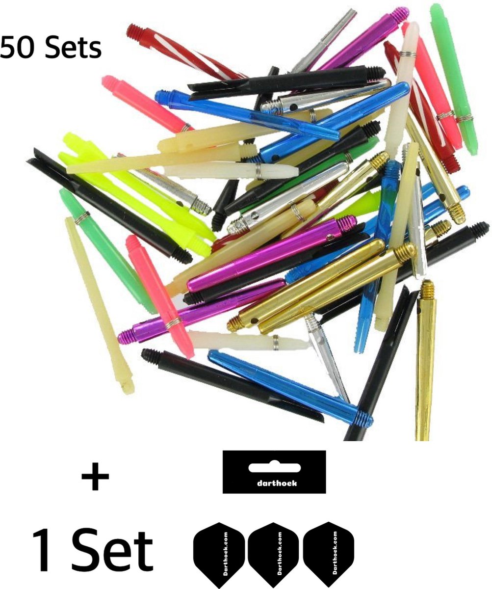 Darthoek nylon shaft voordeelmix - 50 sets (150 stuks) shafts verschillende maten en kleuren- Dart - 1 set darthoek flights - Darten - Dartpijlen