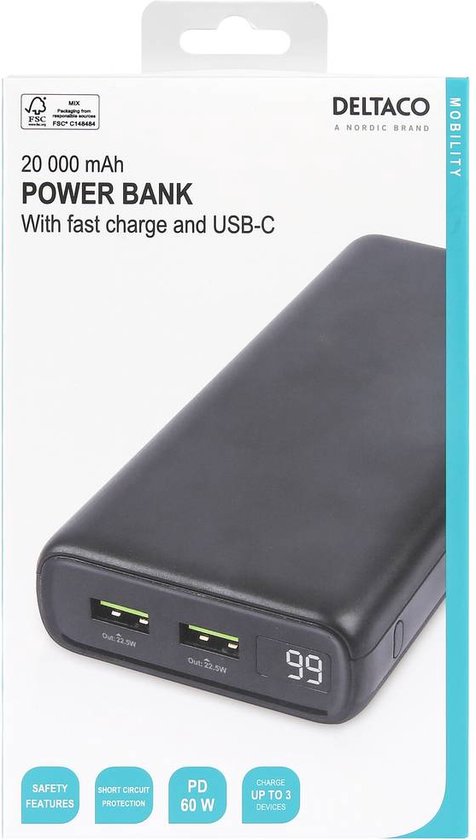 Power Bank puissante 20000 mAh USB C PD-DC 60 W sortie 65 W