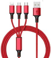 3 en 1 - Câble Multi - Tressé - 3A - Câble de Données + Recharge - Lightning - USB-C - Micro USB - 1,2 Mètre - Rouge