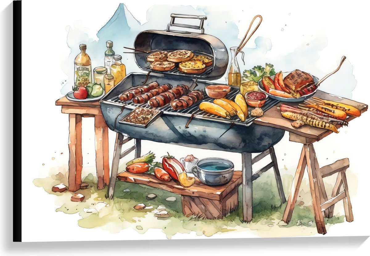 Canvas - Tekening met Barbecue met Eten - 90x60 cm Foto op Canvas Schilderij (Wanddecoratie op Canvas)