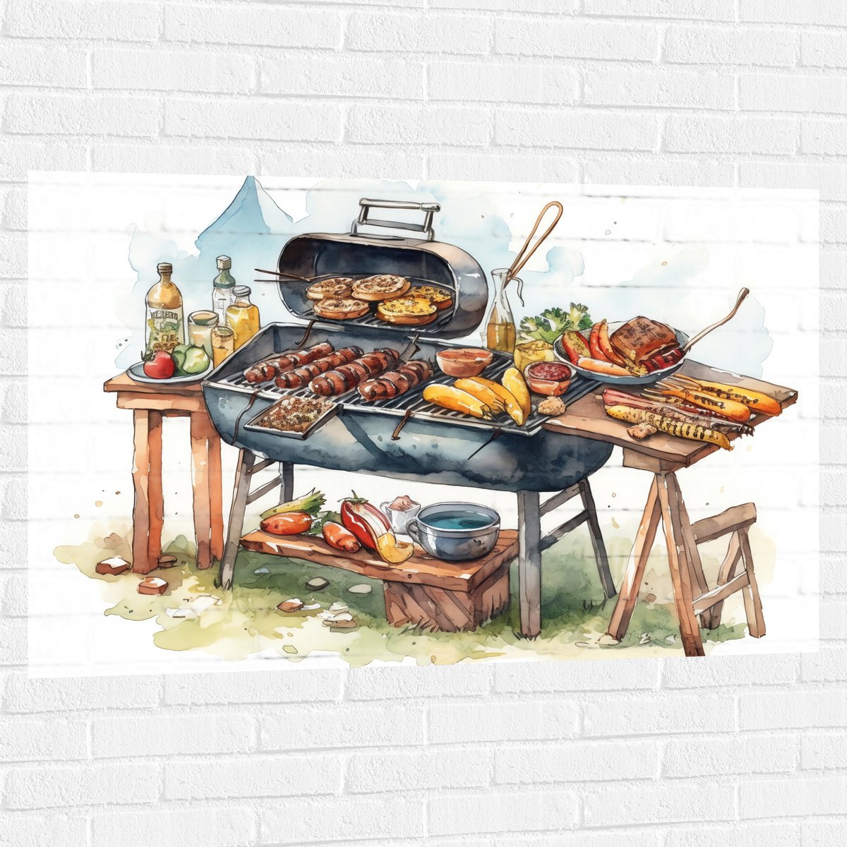 Muursticker - Tekening met Barbecue met Eten - 120x80 cm Foto op Muursticker
