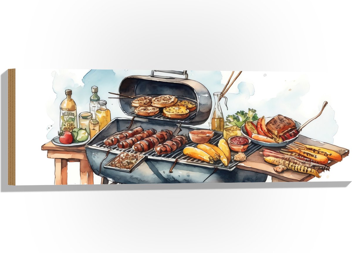 Hout - Tekening met Barbecue met Eten - 90x30 cm - 9 mm dik - Foto op Hout (Met Ophangsysteem)