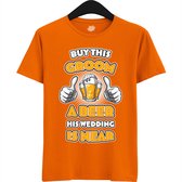 Buy This Groom A Beer | Vrijgezellenfeest Cadeau Man - Groom To Be Bachelor Party - Grappig Bruiloft En Bruidegom Bier shirt - T-Shirt - Unisex - Oranje - Maat M