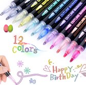 Rainbecom - Glitterstiften - 12 kleuren Metallic Outline Markers Pennen – Glitterstiften Kleurstiften Glitterpennen - Lijndikte 2mm