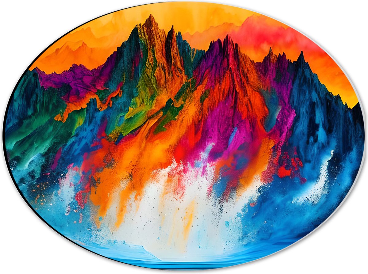 Dibond Ovaal - Waterverf Tekening van Kleurrijke Bergen onder Oranje Lucht - 40x30 cm Foto op Ovaal (Met Ophangsysteem)