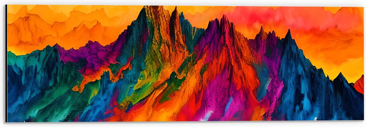 Dibond - Waterverf Tekening van Kleurrijke Bergen onder Oranje Lucht - 60x20 cm Foto op Aluminium (Wanddecoratie van metaal)