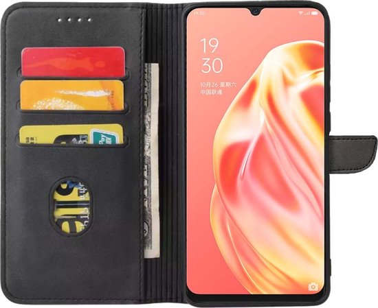 Zwart telefoonhoesje met pasjeshouders en geldvak. Het scherm toont "19 30".