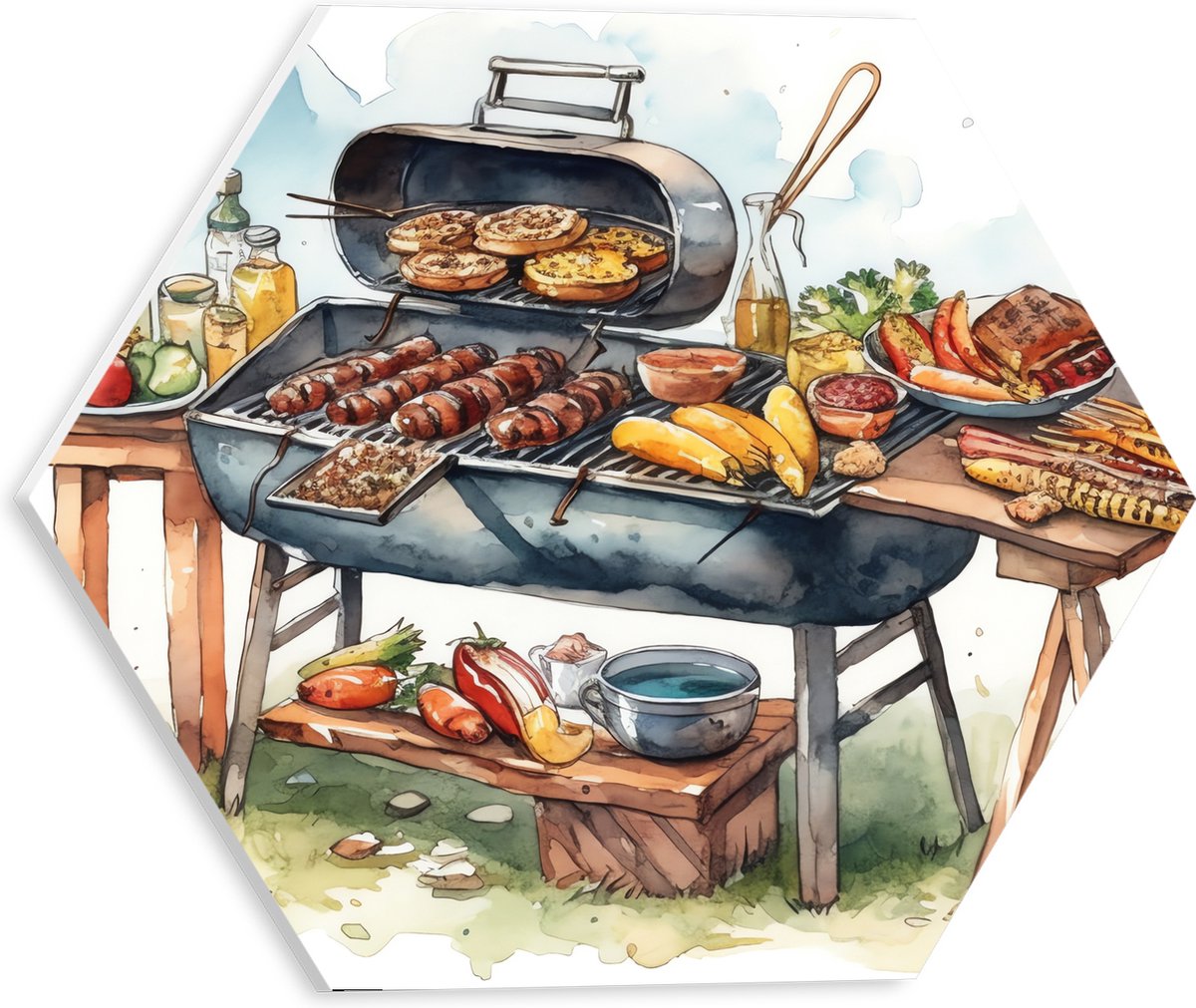 PVC Schuimplaat Hexagon - Tekening met Barbecue met Eten - 30x26.1 cm Foto op Hexagon (Met