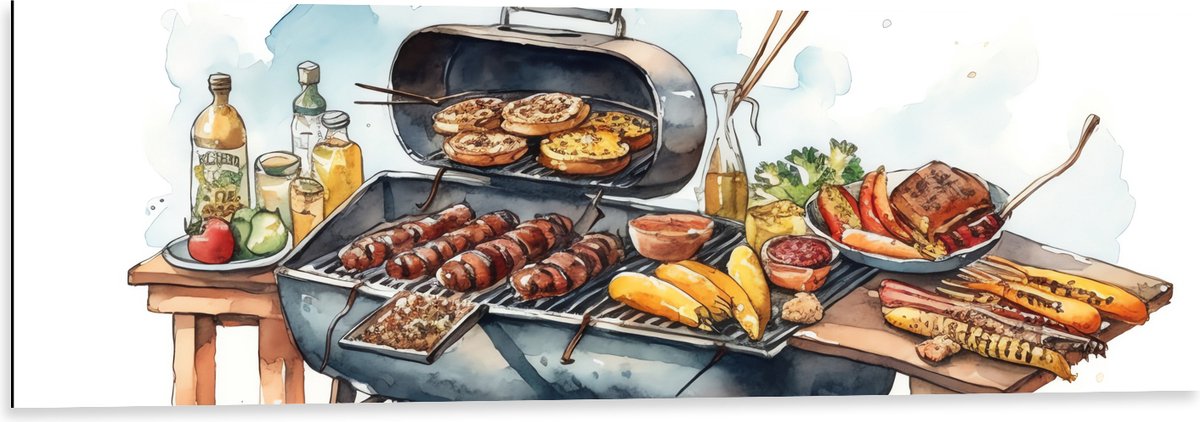Dibond - Tekening met Barbecue met Eten - 120x40 cm Foto op Aluminium (Wanddecoratie van m