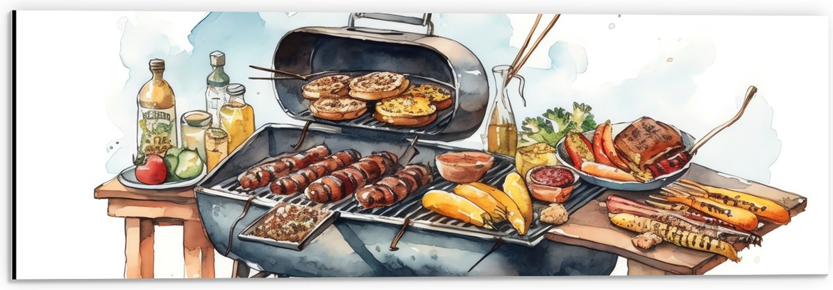 Dibond - Tekening met Barbecue met Eten - 60x20 cm Foto op Aluminium (Wanddecoratie van me