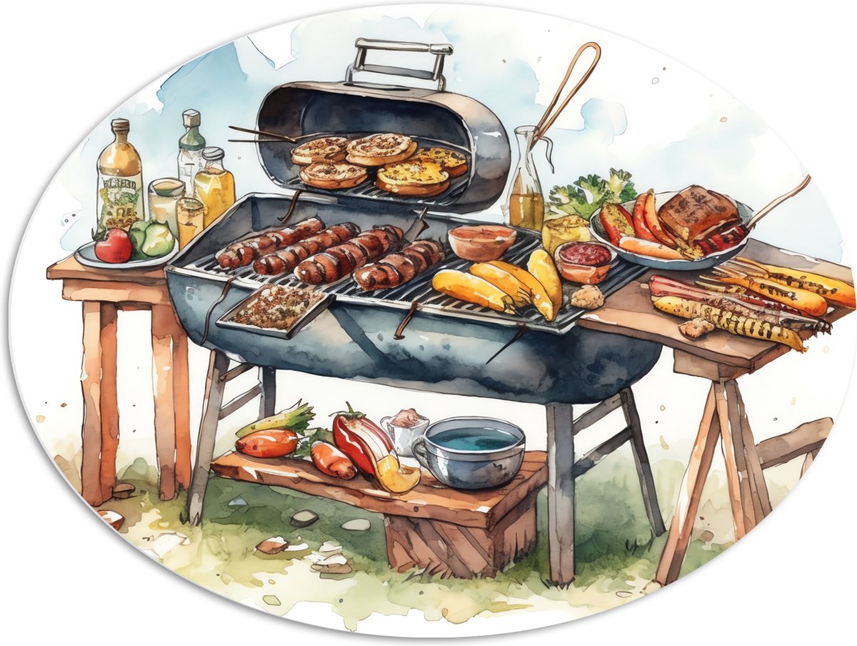 PVC Schuimplaat Ovaal - Tekening met Barbecue met Eten - 96x72 cm Foto op Ovaal (Met Ophan