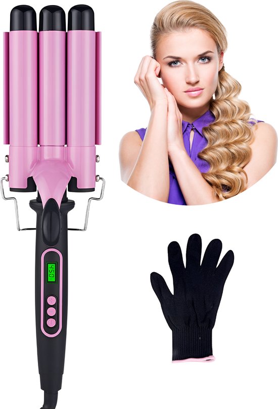 Jourz Wafeltang - 3 Stangen - Krultang Haar - Golvenkrultang - Beach Waves - Wave Krultang - Waver - Hair Curler - Curling Iron - Met Beschermingshandschoen - Zwart/Roze