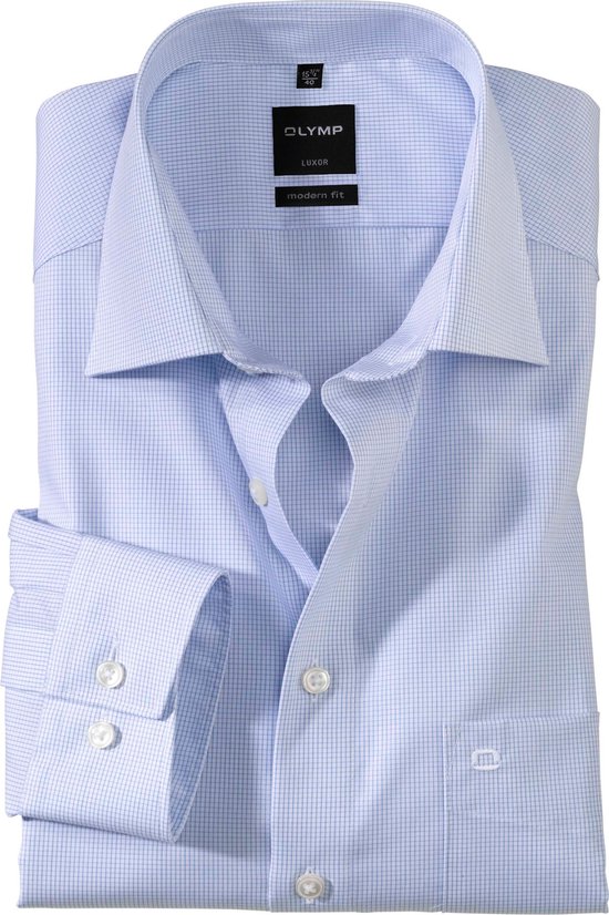 OLYMP Luxor modern fit overhemd - mouwlengte 7 - blauw met wit geruit - Strijkvrij - Boordmaat: 37