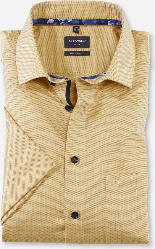 OLYMP Luxor modern fit overhemd - korte mouw - structuur - geel - Strijkvrij - Boordmaat: 44
