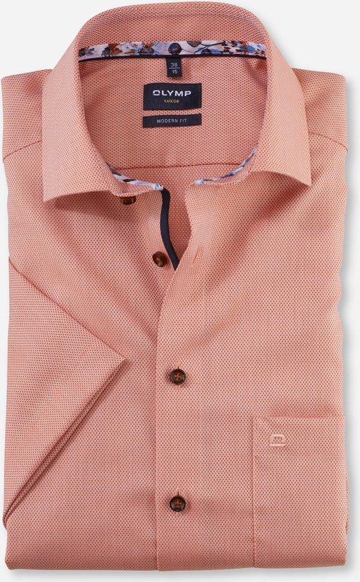 OLYMP modern fit overhemd - korte mouw - structuur - abrikoos oranje (contrast) - Strijkvrij - Boordmaat: 42