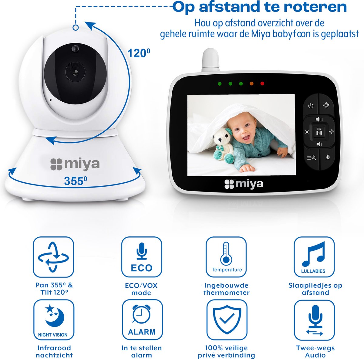 Afbeelding 2 van Miya M35 Babyfoon - Met 2 camera's - Babyfoon met camera - Op afstand bestuurbaar - Baby monitor