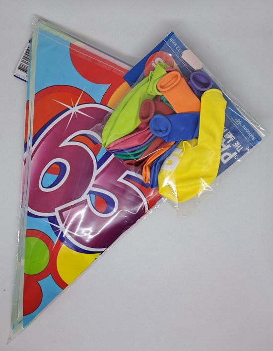 versierpakket 65 jaar vlaggenlijn en ballonnen voor vrolijke verjaardag
