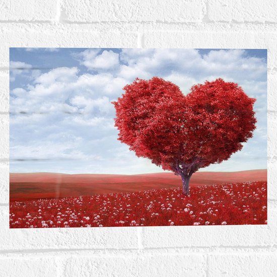 Muursticker - Hartvormige Boom van Rode Bladeren in Rood Veld - 40x30 cm Foto op Muursticker