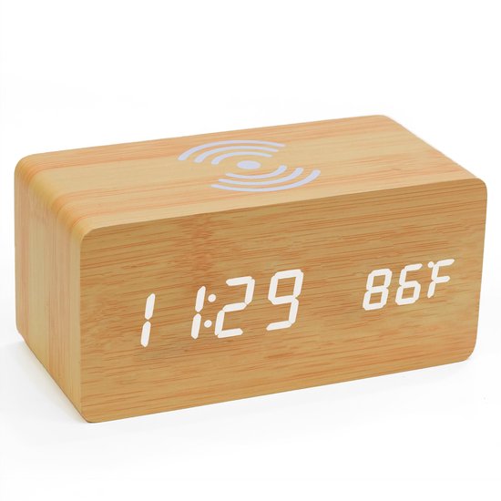 TIN-IN - Digitale Bureauklok - Temperatuurmeter met Draadloze oplader - licht hout