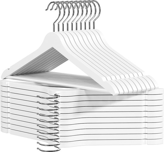 Witte houten kleerhangers met broekstang en rokinkepingen, 360 graden draaibaar, voor overhemden, pakken, broeken, jurken, 20 stuks