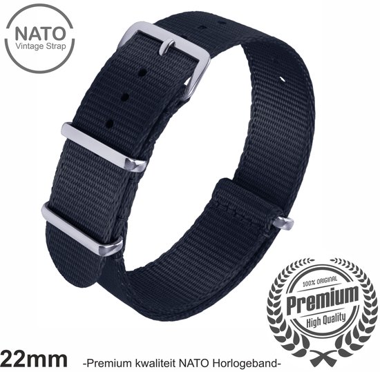 Bracelet de montre Nato Premium 22 mm Zwart - Look Vintage James Bond - Collection Nato Strap - Homme - Bracelets de montre - Largeur de bande 22 mm