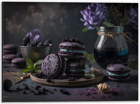 Dibond - Tafereel van Paarse Macarons met Blauwe Vulling langs Vaas met Paarse Bloemen - 40x30 cm Foto op Aluminium (Wanddecoratie van metaal)