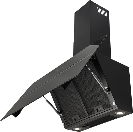 Inventum AKD9015GTZ schuine wandschouw afzuigkap 90 cm - Afzuigcapaciteit 660 m3/h - Geschikt voor open keuken - 4 standen - Timer - Display met tiptoetsen - Automatisch uitschakelen - Ledspots - Energielabel A++ - Luchtafvoer en recirculatie - Zwart
